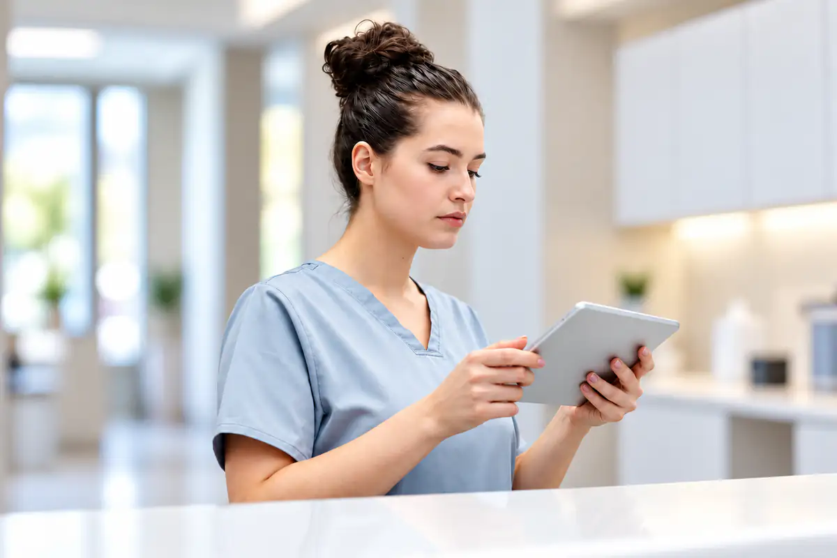A clinic receptionist in scrubs reading a tablet at the front desk