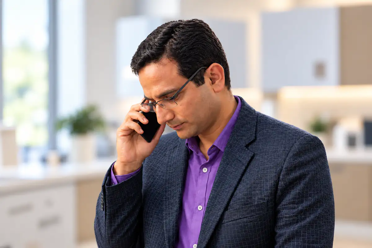 A doctor in a suit on a phone call at a clinic