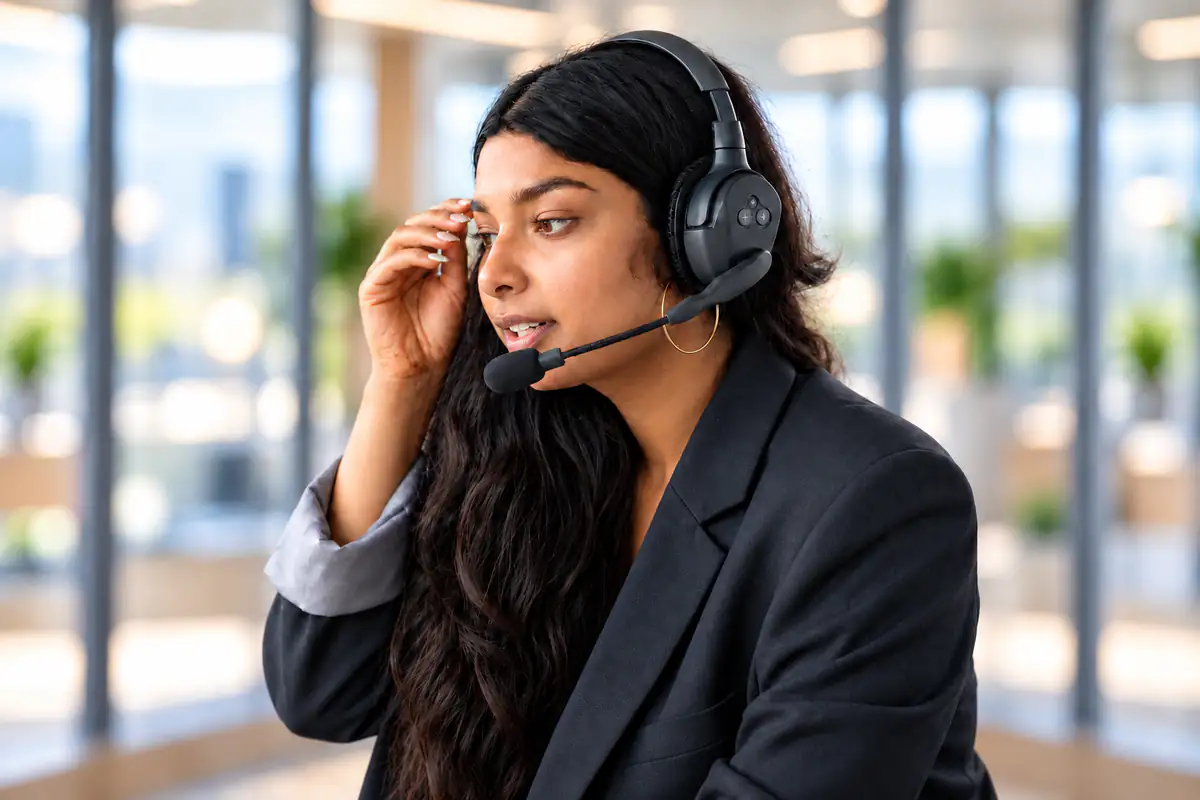 A support agent in a headset at her desk, adjusting her microphone