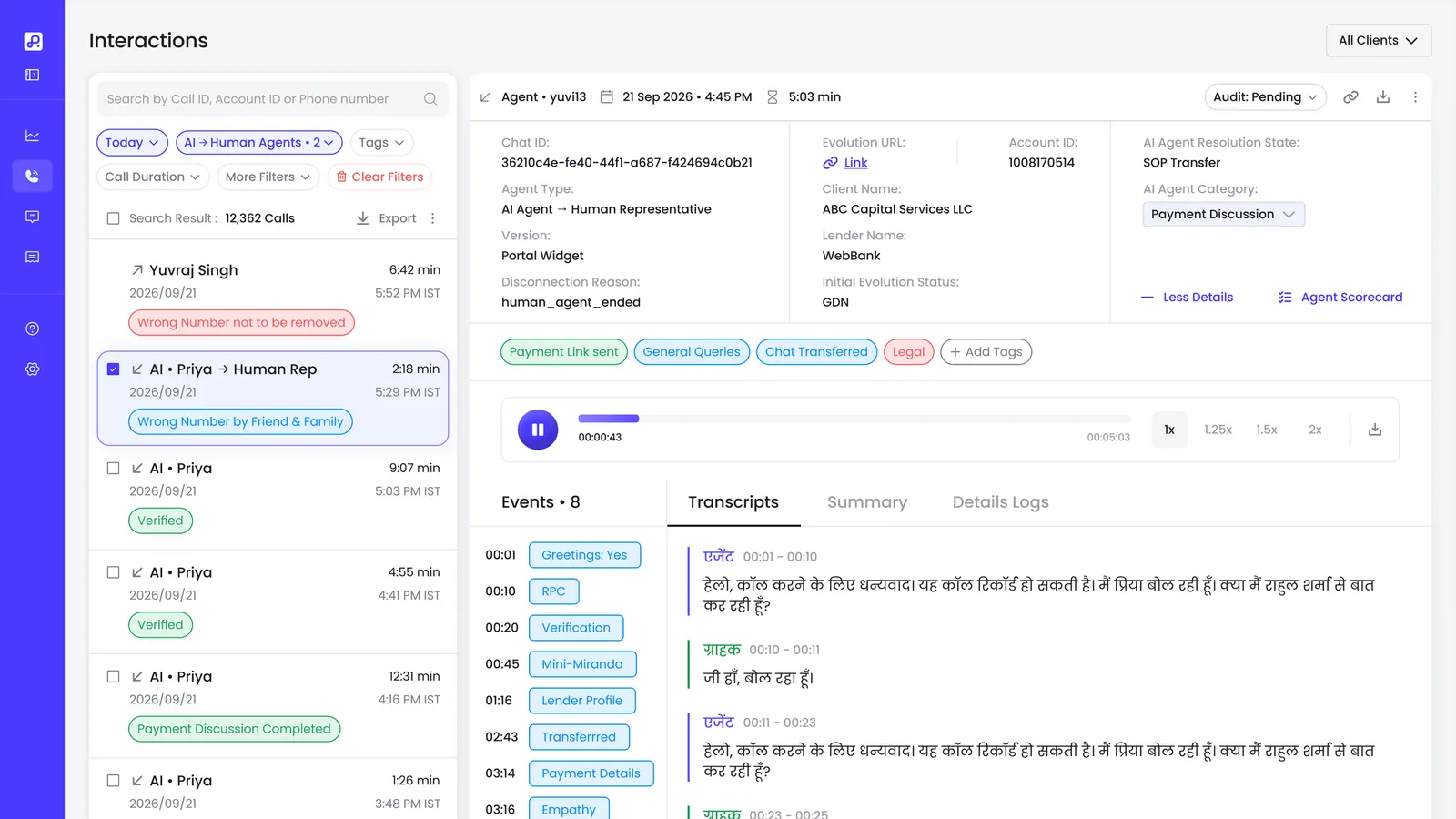 Reflect showing an Indian collections call: the interactions list, the call's metadata and its Hindi transcript